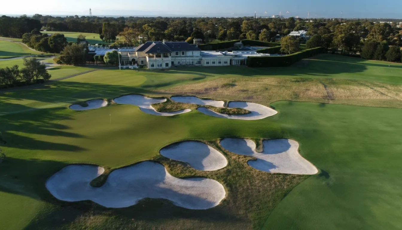 Royal Melbourne West Course fairway with distinctive bunkering and heathland vegetation