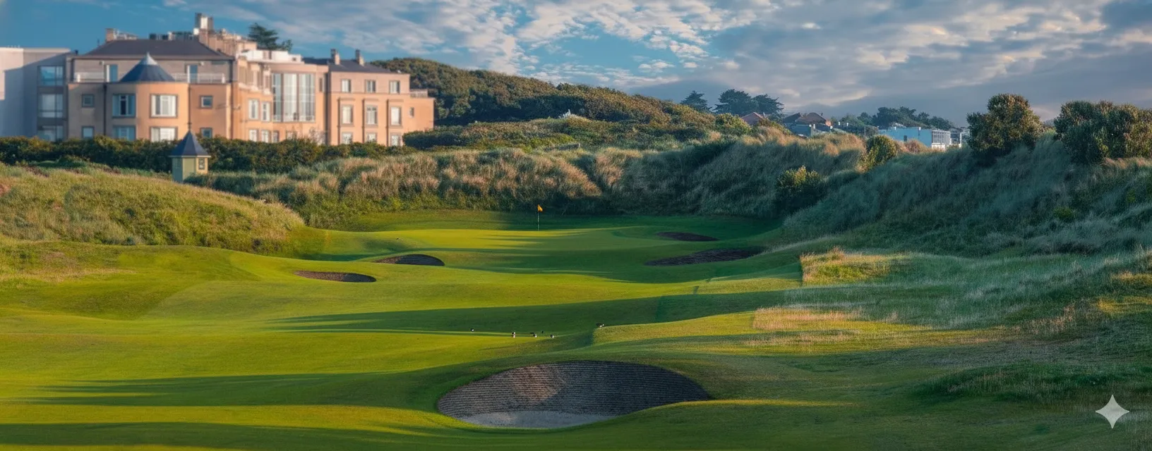 The 15th hole at Portmarnock Golf Club with Dublin Bay and Howth Head visible in the distance