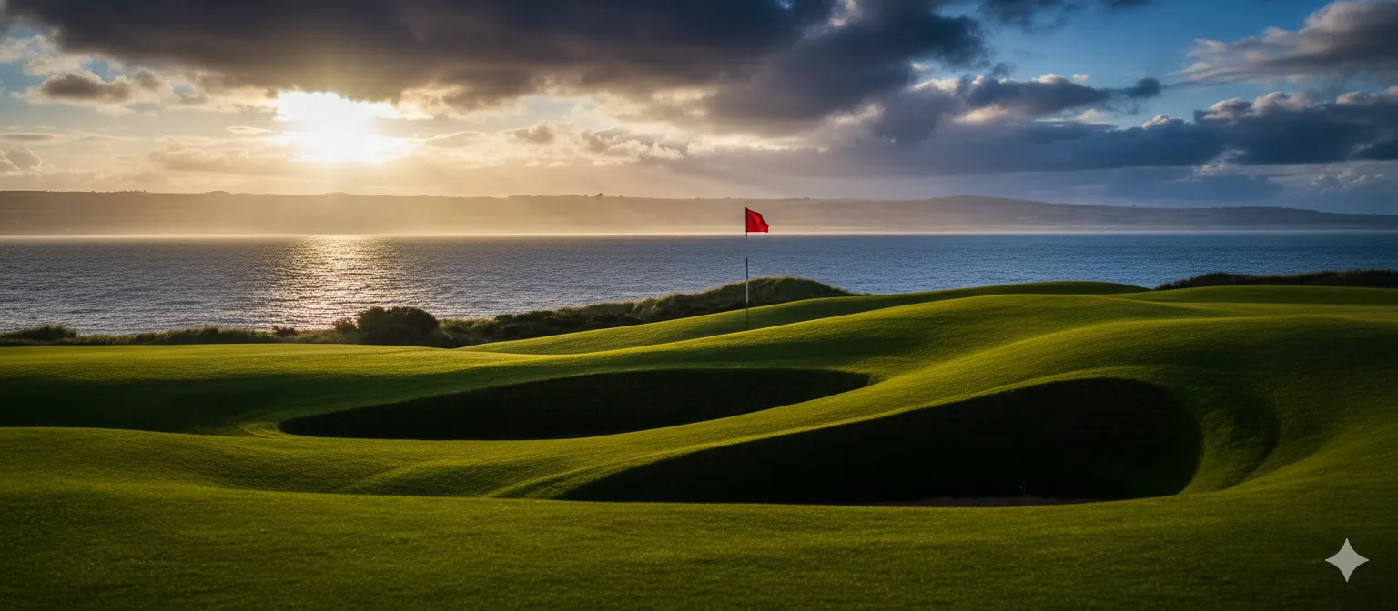 Muirfield golf course with distinctive stone wall and links terrain