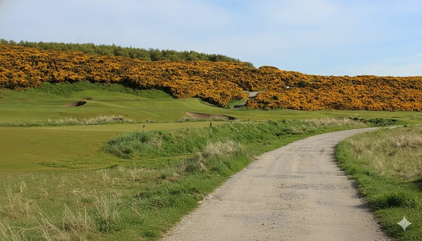 The 18th hole at Royal Dornoch at sunset, with the North Sea visible beyond the green