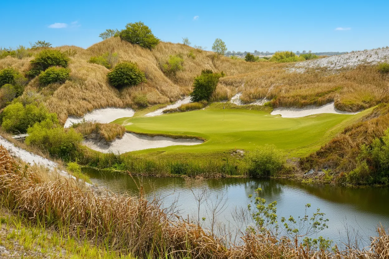 Streamsong Red's dramatic bunkering and rolling terrain under Florida sky