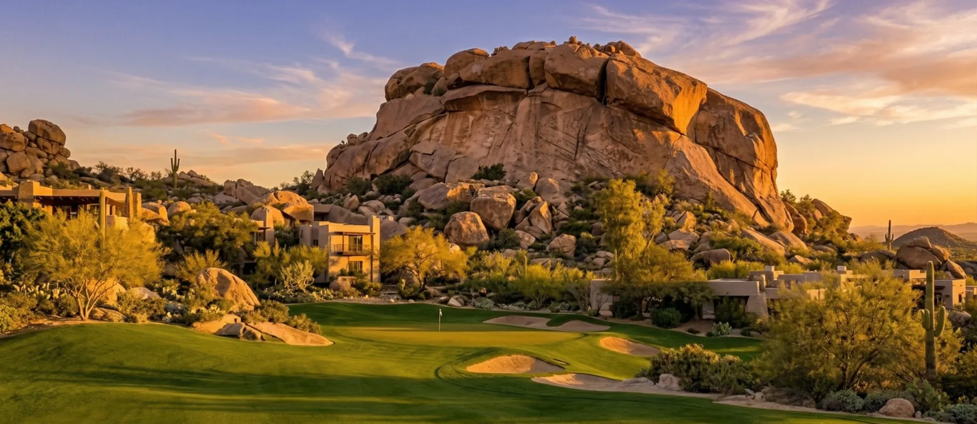The South Course at The Boulders with massive granite formations rising behind a green framed by Saguaro cacti, Carefree, Arizona