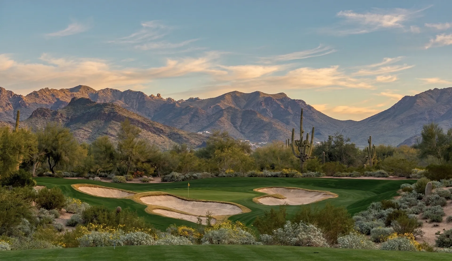 Morning light across Grayhawk Raptor's sweeping fairways with the McDowell Mountains rising in the distance, Scottsdale, Arizona