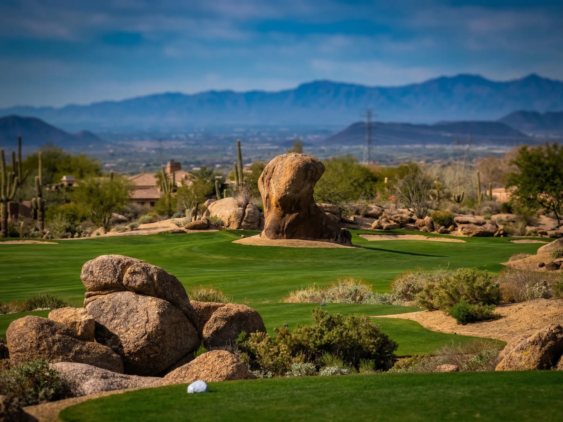 Granite boulders and saguaro cacti framing the fairway at Troon North Monument Course with the Sonoran Desert stretching to distant mountains, Scottsdale, Arizona