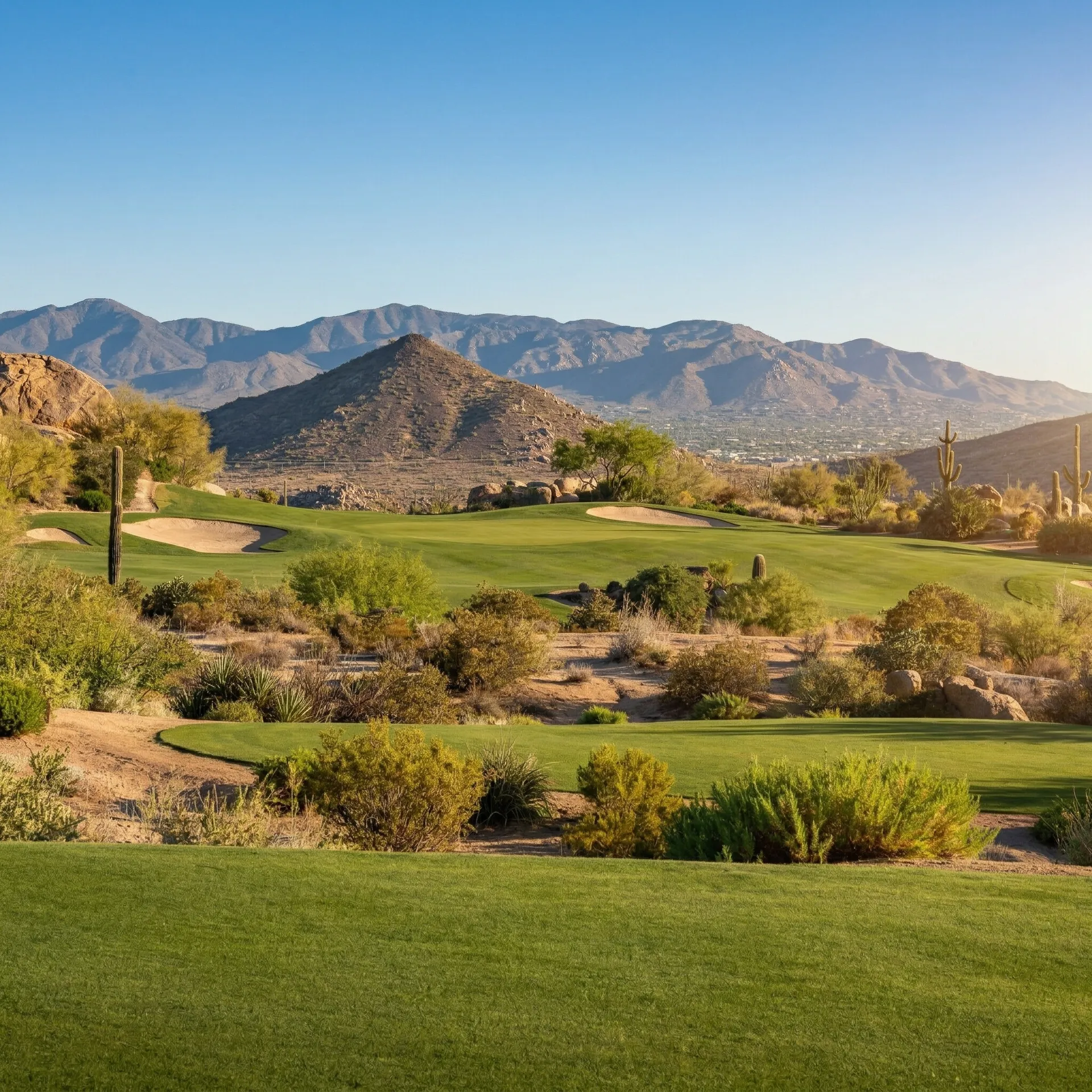 Granite boulders and saguaro cacti framing a pristine fairway at Troon North Golf Club's Pinnacle Course with Pinnacle Peak rising beyond, Scottsdale, Arizona