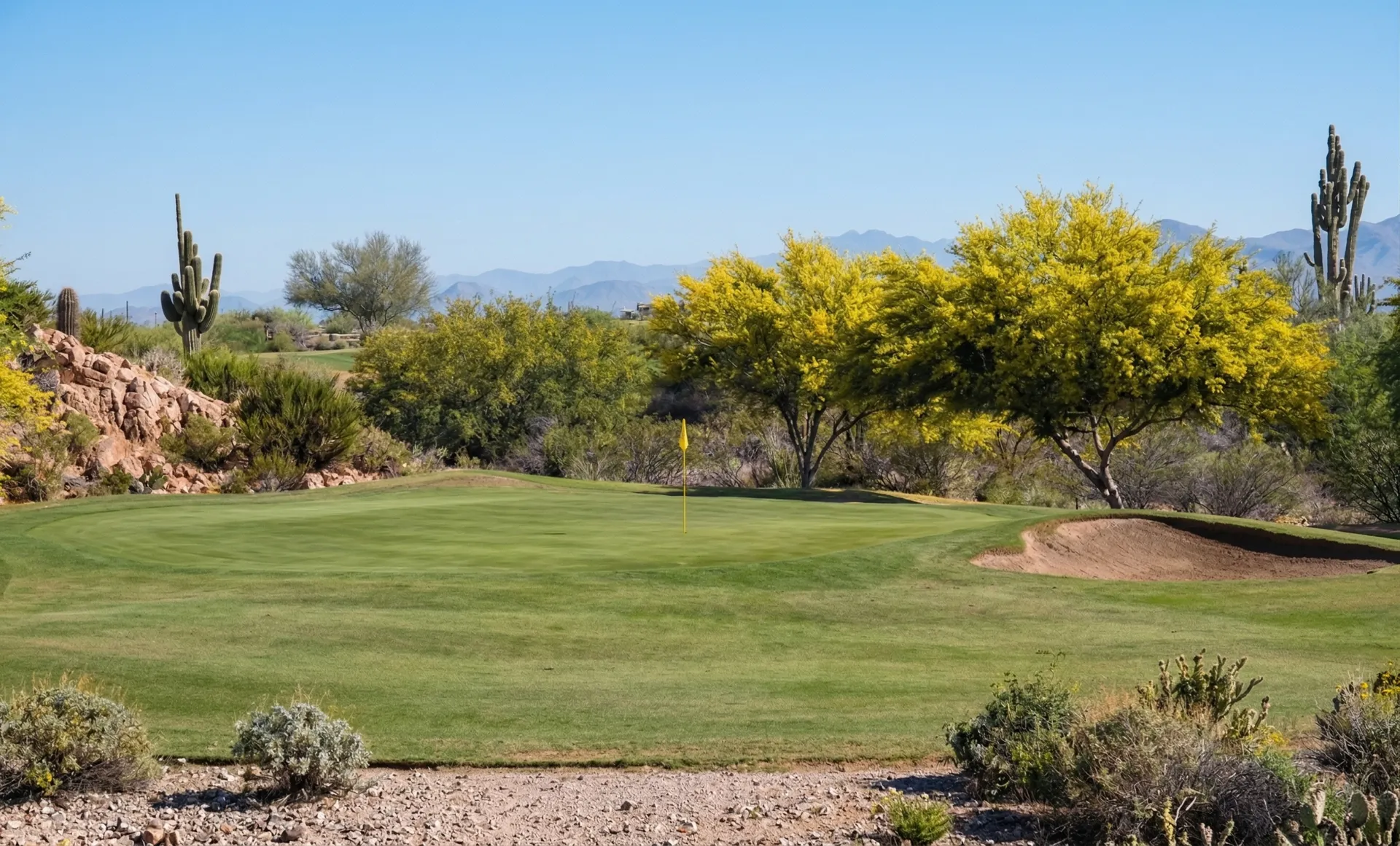 Morning desert light across We-Ko-Pa Saguaro's wide fairways with the McDowell Mountains rising beyond, Fort McDowell, Arizona