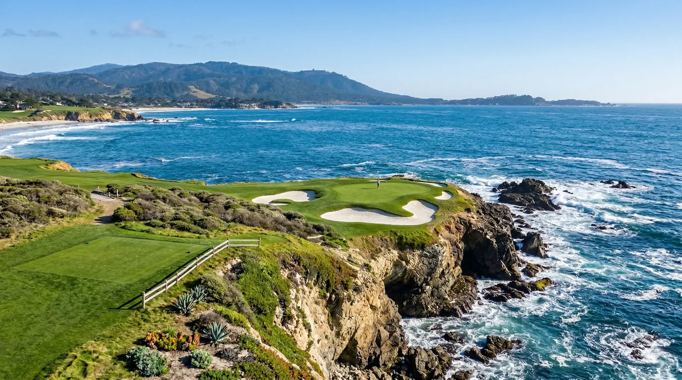 The 18th fairway at Pebble Beach Golf Links wrapping around Stillwater Cove along the California coast