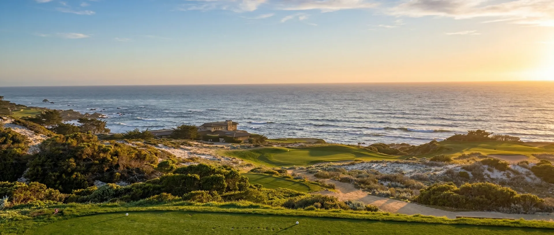 Morning light across Spyglass Hill's coastal dunes with the Pacific Ocean stretching beyond, Monterey Peninsula, California