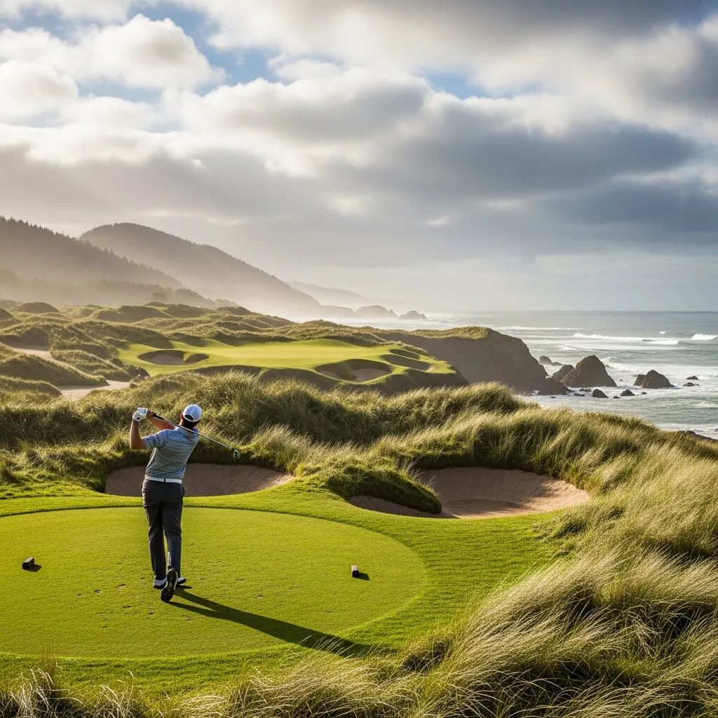 Coastal bluffs and fescue fairways at Bandon Dunes with the Pacific Ocean stretching to the horizon