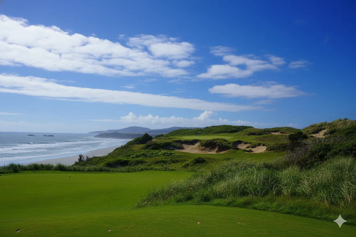 Pacific Dunes fairway hugging the Oregon coastline with natural sand dunes and ocean cliffs