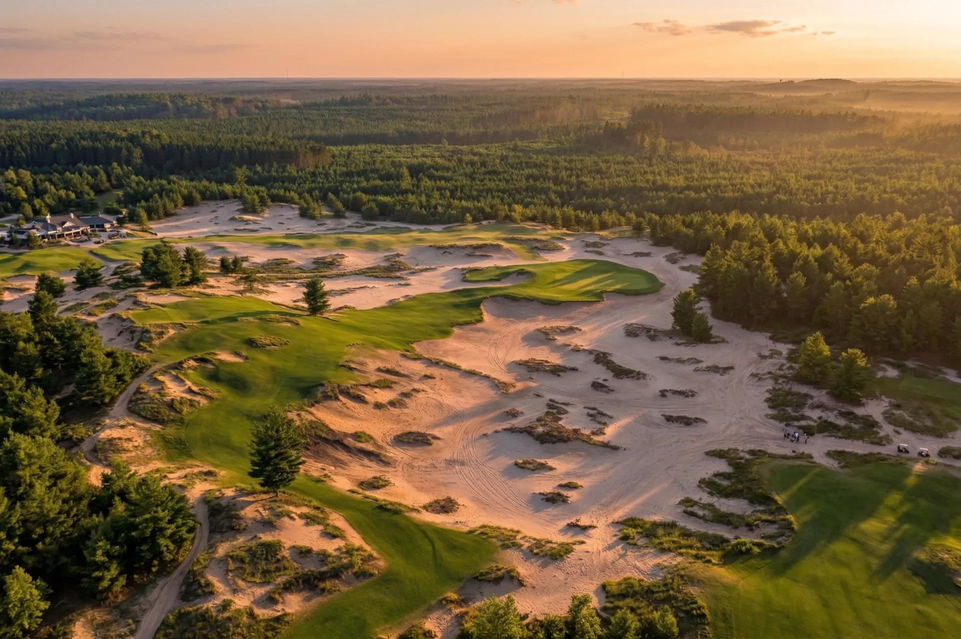Sweeping view of Mammoth Dunes fairway stretching across the sand barrens with towering dunes at Sand Valley Resort