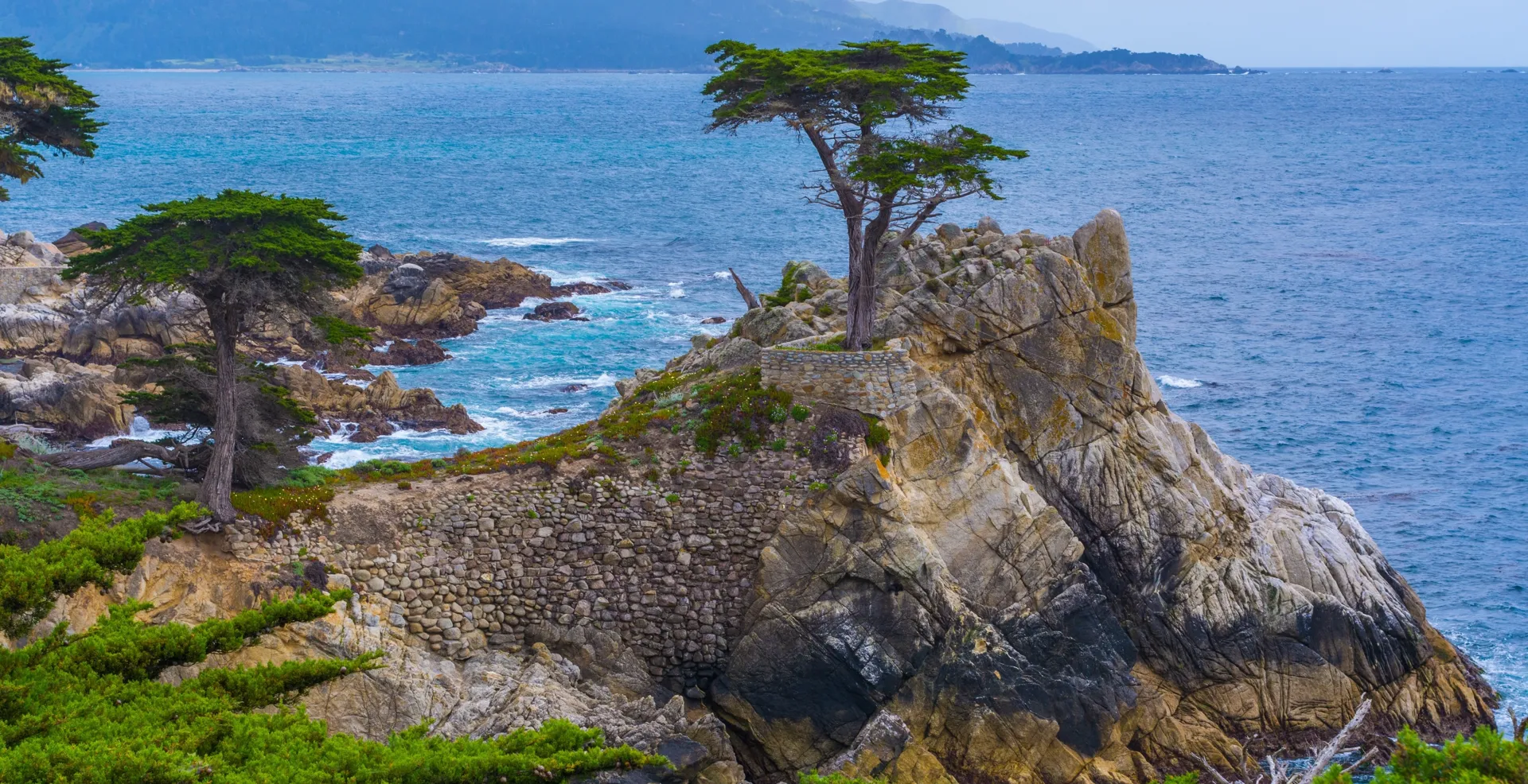 The Monterey Peninsula coastline viewed from the 17-Mile Drive, with the Pacific stretching toward the Lone Cypress and the Del Monte Forest beyond