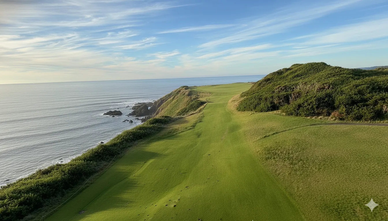The rugged Oregon coastline at Bandon Dunes, with fescue fairways running along Pacific bluffs under clearing marine fog